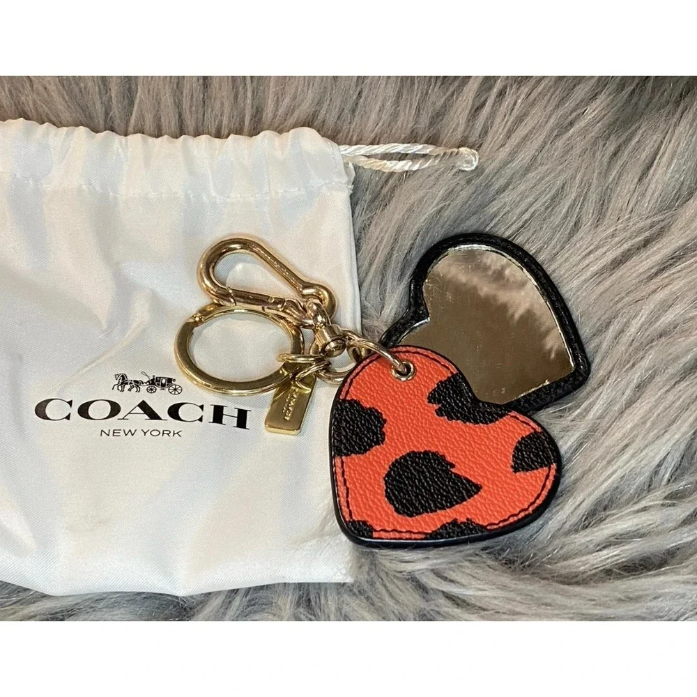 COACH LEATHER DOUBLE HEART MIRROR IN LEOPARD PRINT CHARM KEY CHAIN FOB - F54917